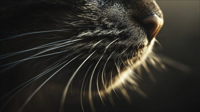Extreme  view illuminates the sensitive whiskers and nose of a feline subject