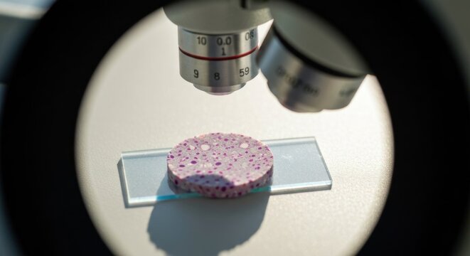 Close-up view through microscope of a round, speckled, purple specimen on a glass slide