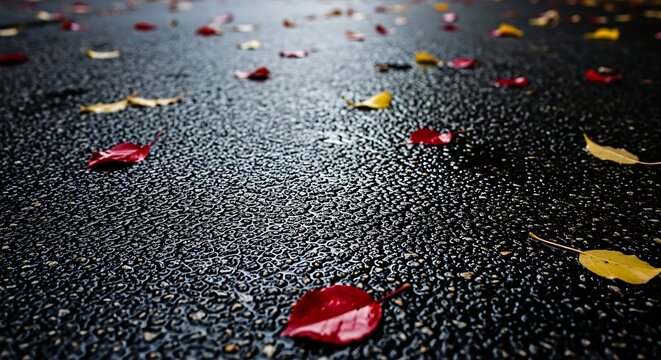 Vibrant autumn leaves scattered across the wet asphalt surface on a dark and rainy day in city illustration