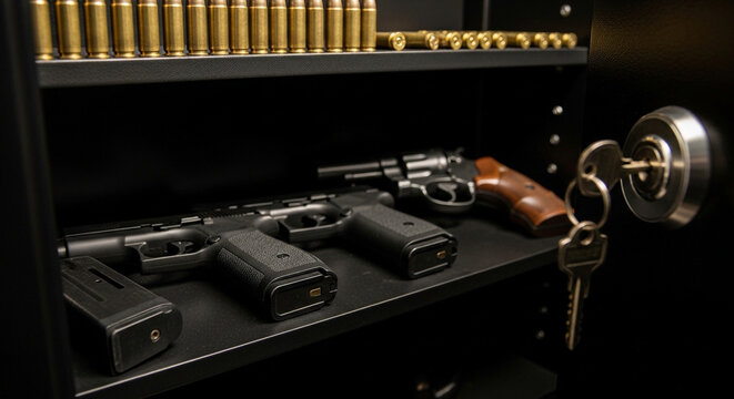 Secure storage of firearms and ammunition in a gun safe with locked compartment