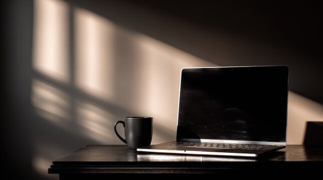 Portable computer and dark beverage container rest upon a wooden surface illuminated by window light patterns.