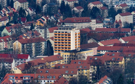 Skyline of Jena in the Saale Valley, Thuringia, Germany, featuring modern architecture and green surroundings at sunset &ndash; ideal for travel, urban, and European city concepts.