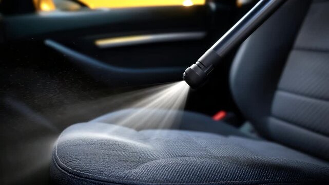 Close-up advertising-style image of gray car seat being vacuumed, strong contrast between freshly cleaned fabric and subtle dust remnants, powerful suction nozzle captured mid-moti