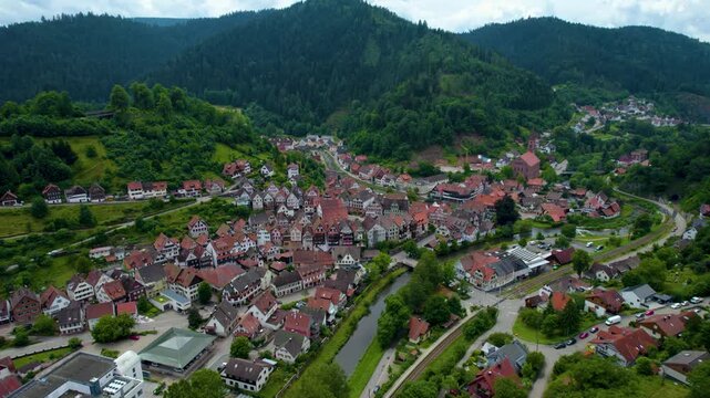 Aerial view around the city Schiltach in Germany. On cloudy day in spring beside the Black Forest