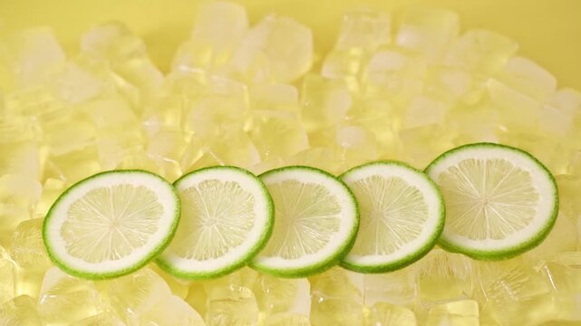Fresh green lime slices on clear ice cubes bright yellow background macro shot, refreshing summer cold beverage iced smashed lemon tea sparkling water