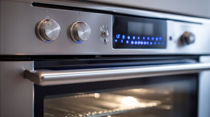 Obraz premium Modern kitchen appliance control panel features illuminated digital display and metallic knobs