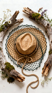 Flat lay overhead shot of straw hat with rope, fishing net, driftwood branches, moss and small flowers on white background