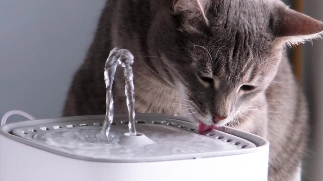 Cat drinking from automatic water fountain. Modern smart drinker for pet. Drinking fountain with replaceable filter, water quantity indicator, filter replacement at home. Prevention of urolithiasis