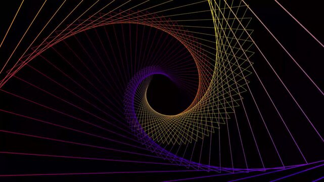 Abstract geometric spiral formed by colorful thin lines on black background. Dynamic rotation of interconnected shapes. Modern digital art for motion background.