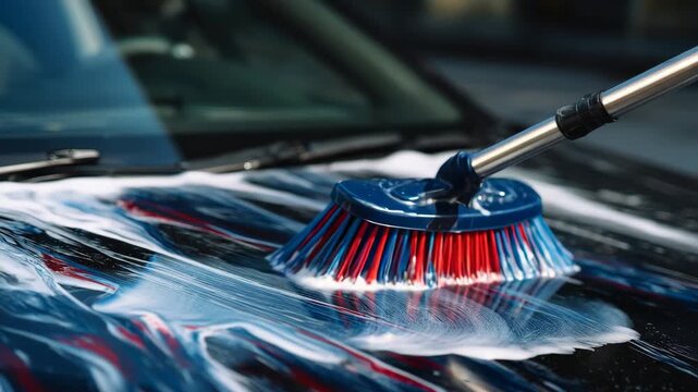 Macro close up of vibrant car wash brushes in contact with shiny car hood, red and blue bristles creating swirling patterns, foam and water reflecting sunlight, sleek metallic pain