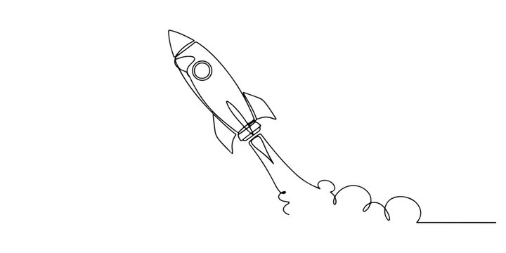 Continuous one line of a rocket launching, symbolizing ambition and innovation, style hand drawing vector illustration.