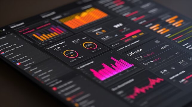 Digital performance monitoring dashboard displays intricate data visualizations with vibrant colors on a dark interface