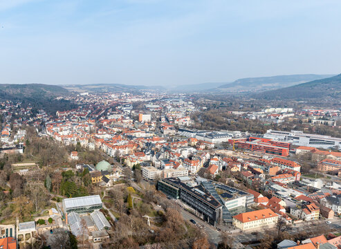 Skyline of Jena in the Saale Valley, Thuringia, Germany, featuring modern architecture and green surroundings at sunset &ndash; ideal for travel, urban, and European city concepts.
