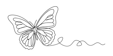Fototapeta premium Continuous one line of a flying butterfly, symbol of transformation and freedom, style hand drawn vector illustration.