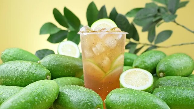 Refreshing summer cold drink overflowing iced green lemon tea in clear cup surrounded by wet whole fresh limes on bright yellow background