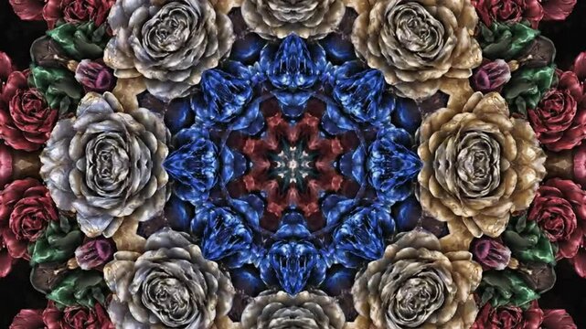 Abstract floral kaleidoscope design with repeating symmetrical pattern