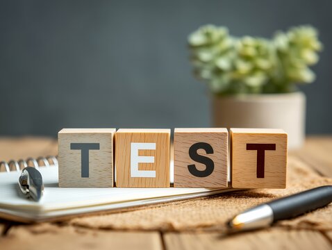 木製ブロックでTESTの文字を作ったデスク上のノートとペンと観葉植物の静物写真