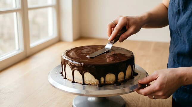 A person is decorating a chocolate cake with a spatula on a cake stand.