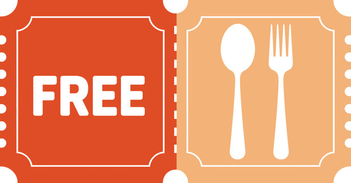Coupon, free meal ticket with spoon fork icon, restaurant promotion offer, food discount voucher, clean vector illustration design.