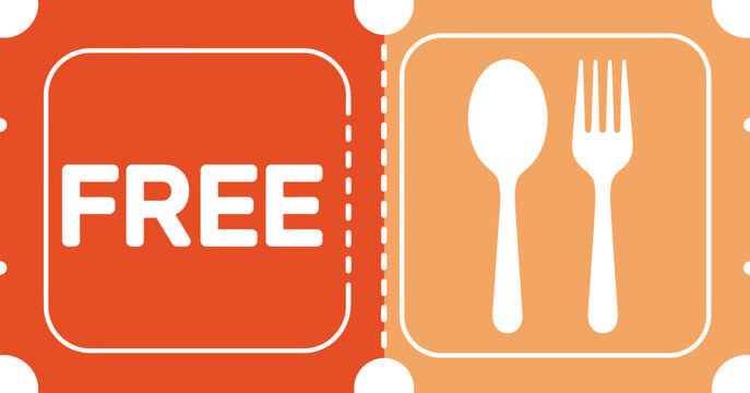 Coupon, free meal ticket with spoon fork icon, restaurant promotion offer, food discount voucher, clean vector illustration design.