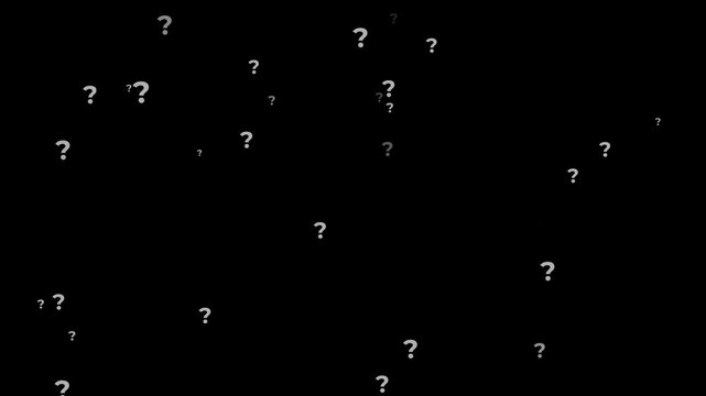Many small white question marks moving forward on black background. Concept of questions, uncertainty, problem solving, knowledge, FAQ and curiosity