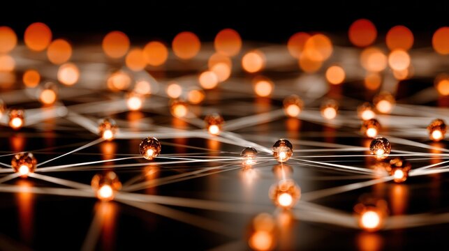 Glowing nodes connect across a dark surface forming an intricate network structure