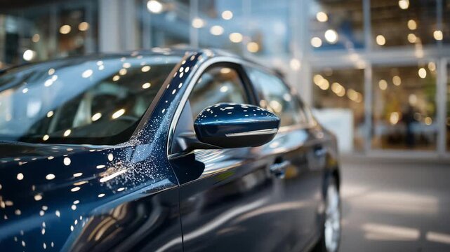 Macro perspective of car door handle being cleaned, reflections of surrounding garage detailed in polished surface