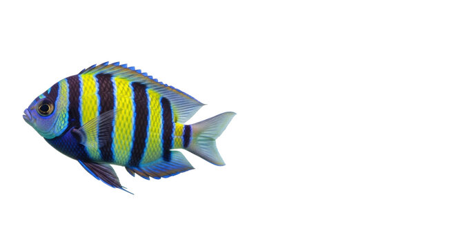 Indo-Pacific sergeant damselfish, blue, black, yellow stripes, iridescent scales, gliding left on transparent background with copy space, concept of marine biodiversity and purity