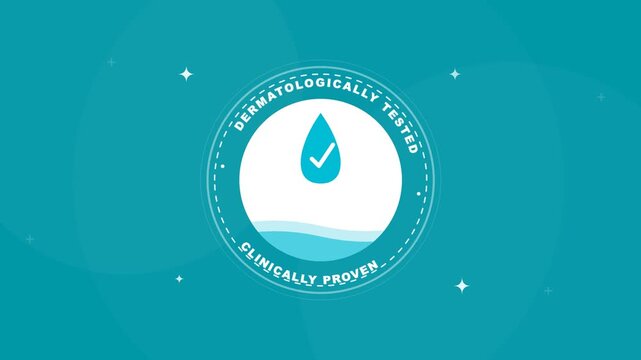 Animated Dermatology Tested and Clinically Proven Badge on Blue Background.