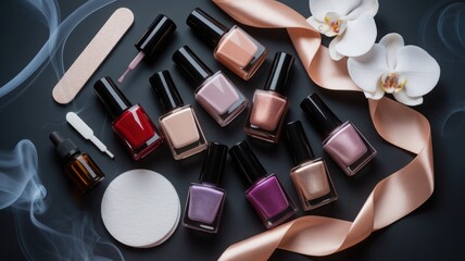 Obraz premium Assorted Nail Polishes Flat Lay on Dark Background with Smoke