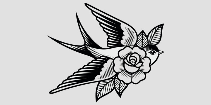 Traditional swallow tattoo design featuring a rose rendered in black ink
