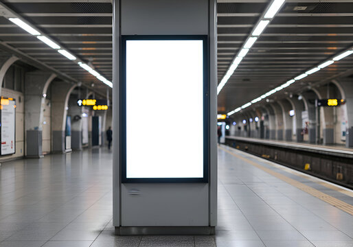 Empty digital advertisement display in a London Underground station. Blank screen against a blurred background of commuters and platform features.