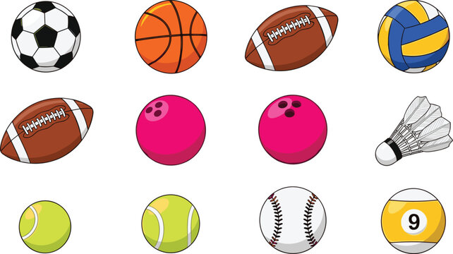Sports Ball Icon Set Featuring Soccer, Basketball, American Football, Volleyball, Bowling Ball, Tennis Ball, Baseball, Shuttlecock, and Billiard Elements
