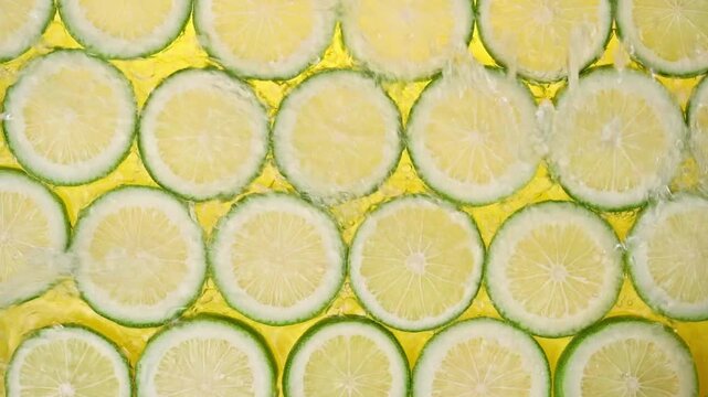 Macro top view of fresh green lime slices submerged in golden liquid with water ripples and bubbles, refreshing summer cold drink background