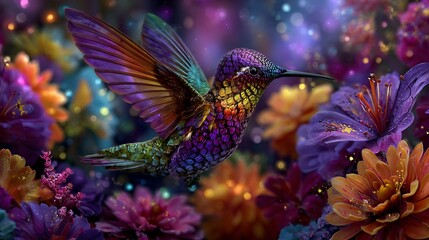 Fototapeta premium Iridescent hummingbird hovering among vibrant purple and orange flowers with glowing bokeh