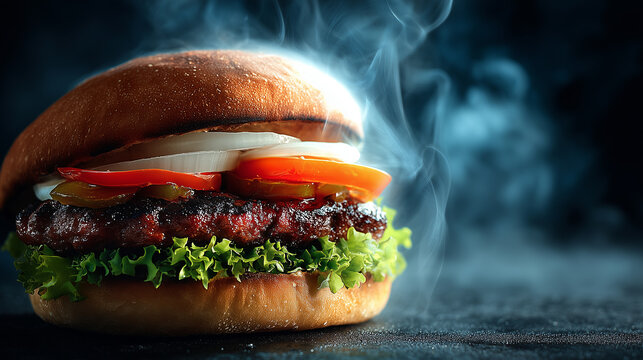 Soczysty hamburger w chrupiącej bułce, dymiący gorącem. Z sałatą, pomidorem, cebulą i jalape&ntilde;o na ciemnym tle. Apetyczne zdjęcie kulinarne.