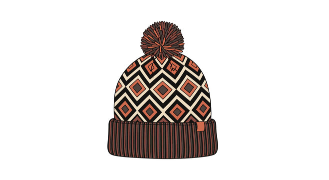 Winter beanie hat with a brown and beige geometric diamond pattern and a matching pom-pom on top isolated on a white background for winter fashion.