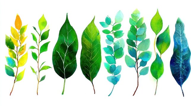 Collection of various botanical foliage rendered in vibrant watercolor style on a white background