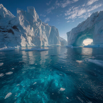 Zjawiskowy krajobraz Arktyki: turkusowa woda z dryfującym lodem, monumentalne g&oacute;ry lodowe i naturalny łuk lodowy pod błękitnym niebem.
