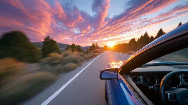 Macro perspective through windshield capturing golden sunset over open road, sun casting vibrant orange and pink hues across sky, blurred roadside scenery enhancing motion, car int