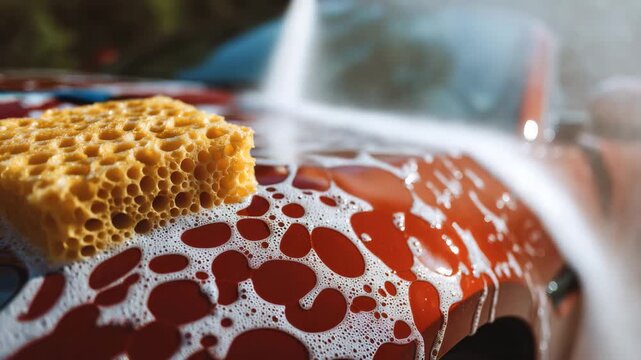 Macro shot of a yellow sponge saturated with soapy water scrubbing the curved surface of a red sports car, dense foam clinging to smooth paintwork, sunlight creating bright highlig