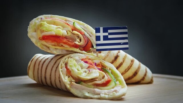 Twirling aromatic gyros sliced in half with tender grilled pork, crisp vegetables, tomatoes, cucumbers, onion, creamy tzatziki in soft pita and Greece flag