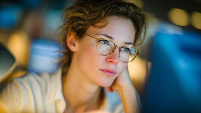 Side profile view of a tired woman squinting at her computer monitor, glasses slightly lowered, reflections of spreadsheets and emails visible in the lenses, warm desk lamp fightin