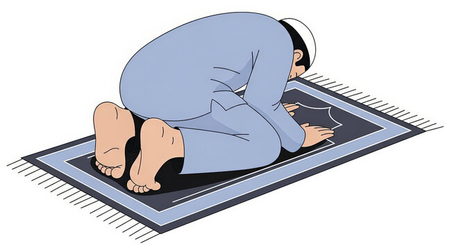Muslim man performing Islamic prayer prostration on a traditional rug representing faith spirituality and devotion in a cartoon illustration