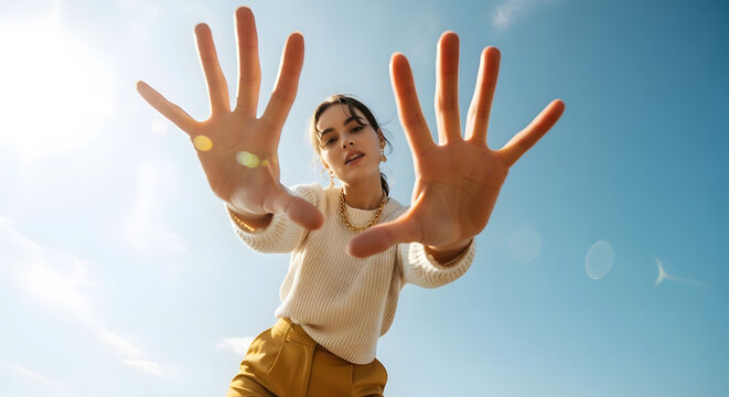 Woman reaching out with open hands against a clear blue sky backdrop