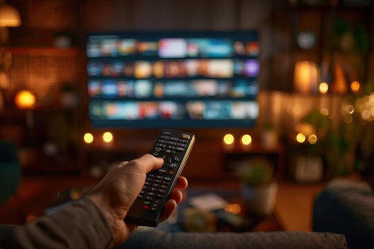 Hand holding remote control in cozy living room with flat-screen TV and warm lighting