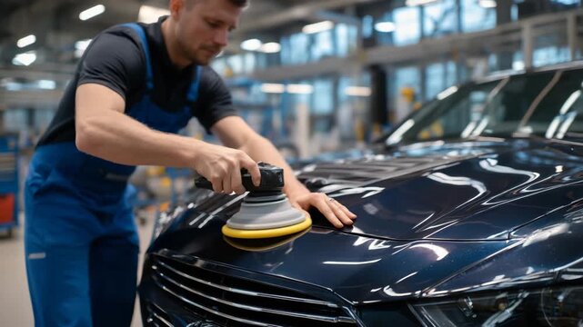 Side-angle close up of car polishing in action, circular motion of machine on hood, hands steadying tool, metallic surface showing before-and-after contrast, polished paint reflect