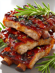 Soczyste, upieczone żeberka ułożone w apetyczny stos, pokryte lśniącą glazurą barbecue i posypane ziołami. Całość udekorowano świeżą gałązką aromatycznego rozmarynu. © Silent26
