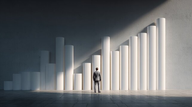 Businessman looks at rising bar chart in stark concrete space