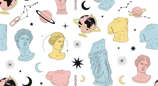 Seamless pattern with classical sculptures, planets and stars, artistic vintage background inspired by ancient art and cosmic elements vector illustration